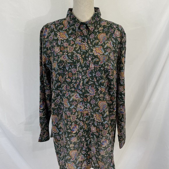 Lauren RALPH LAUREN Button Down Top Green Bandana Paisley Cotton 1X Plus NEW - Picture 1 of 7